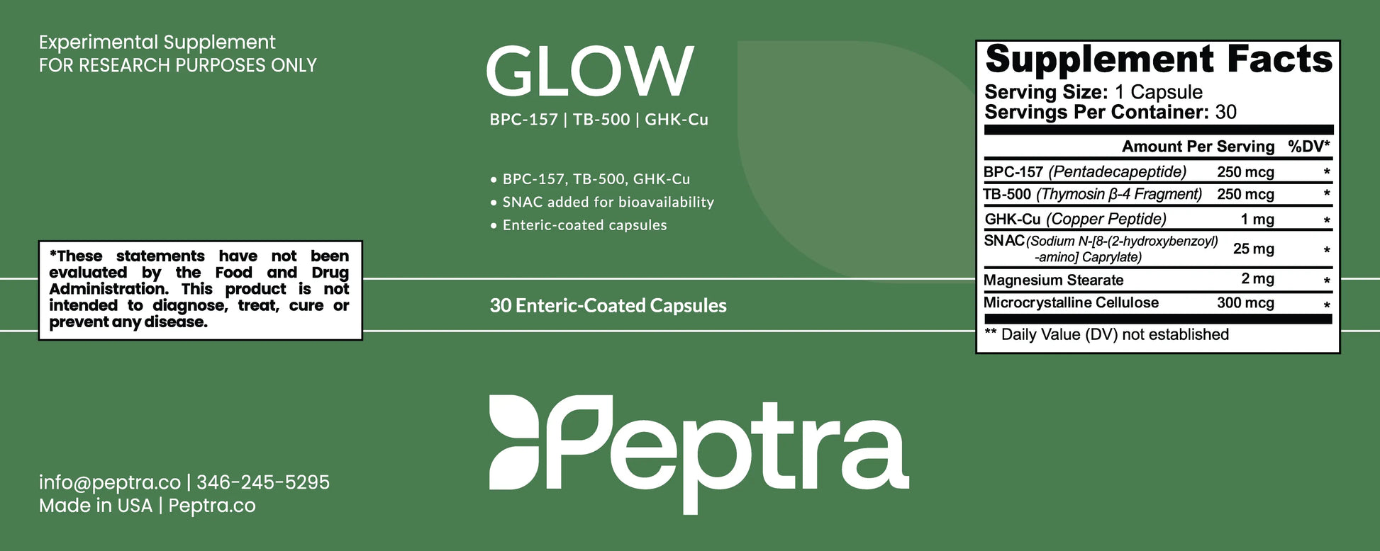 GLOW - BPC157, TB500, GHKcu (capsules) Peptra